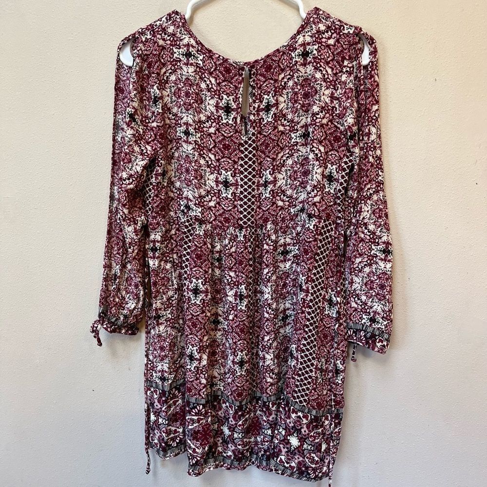 Boho Floral Mini Dress Burgundy Cottagecore Flowy Tie Back Medium - Picture 4 of 11
